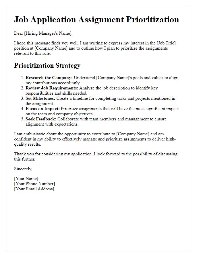 Letter template of job application assignment prioritization