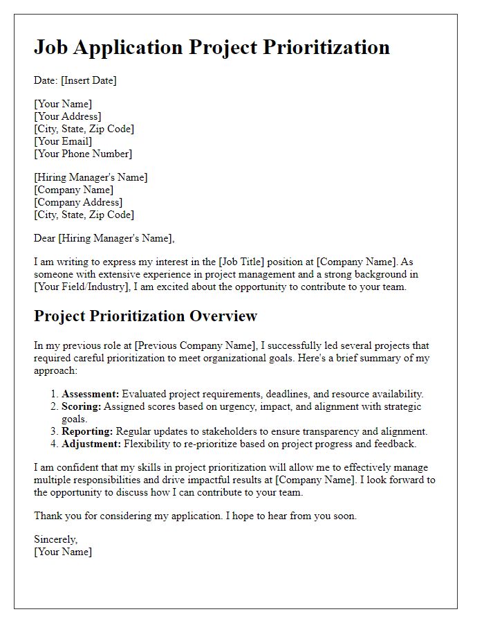 Letter template of job application project prioritization