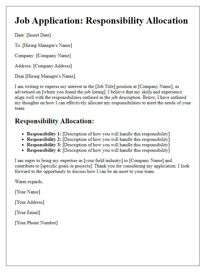 Letter template of job application responsibility allocation