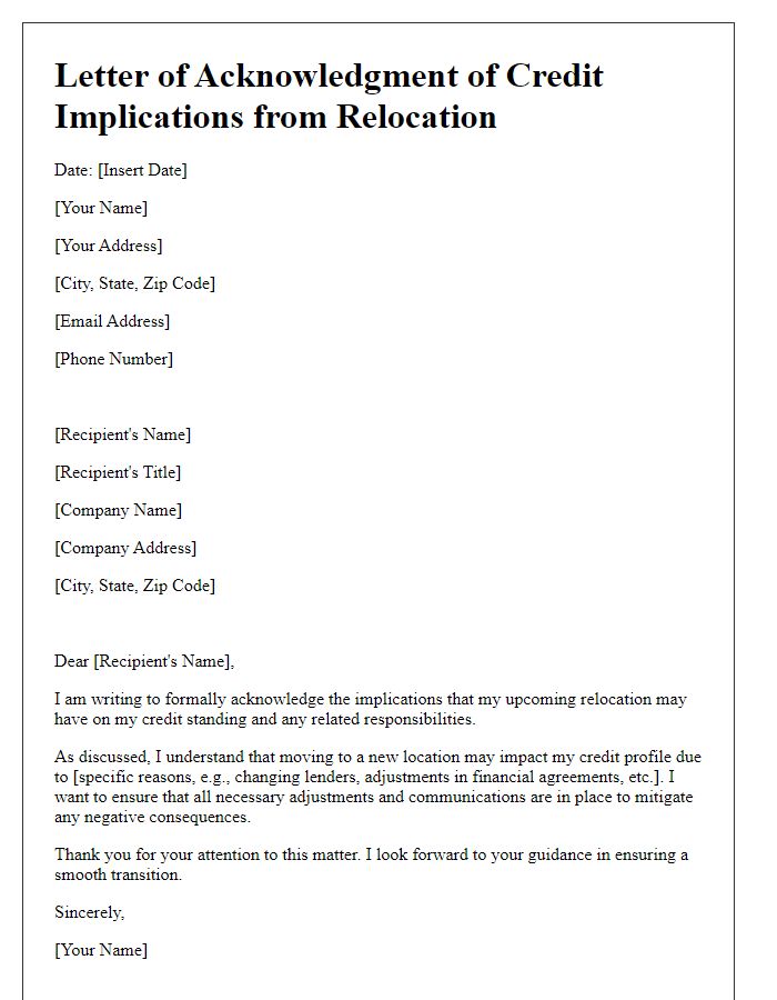 Letter template of acknowledgment of credit implications from relocation