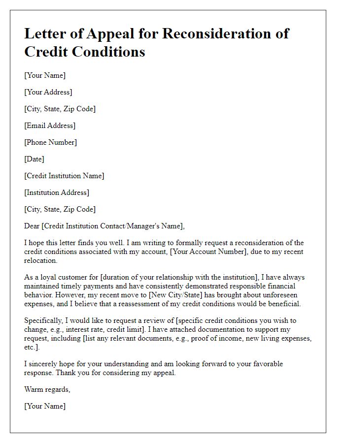 Letter template of appeal for reconsideration of credit conditions after moving