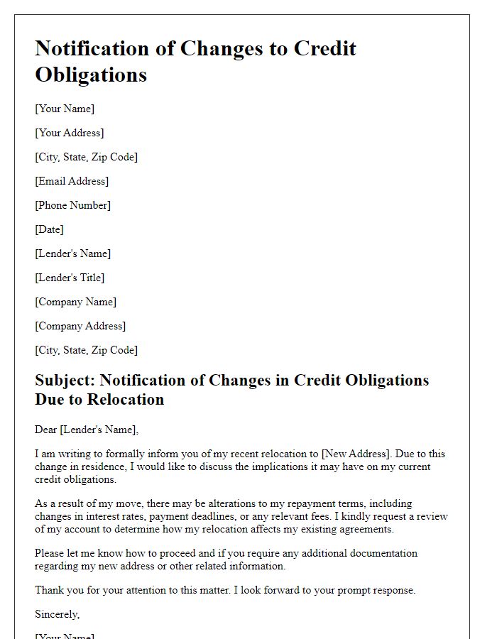 Letter template of communication regarding changes in credit obligations due to relocation