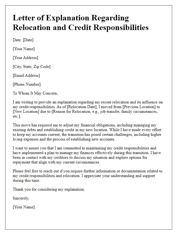 Letter template of explanation of relocation influence on credit responsibilities