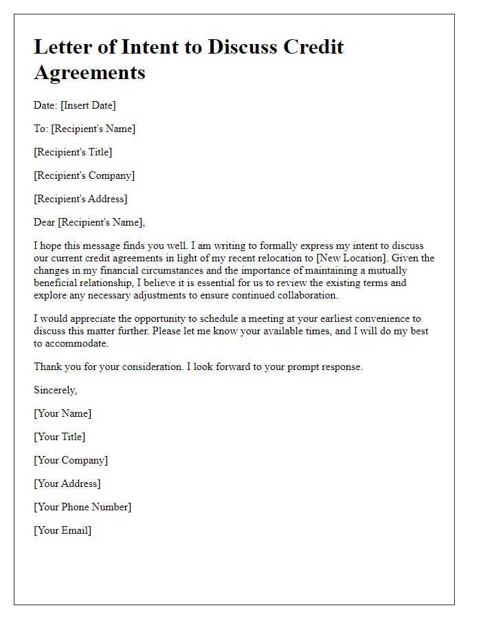 Letter template of intent to discuss credit agreements in light of recent relocation