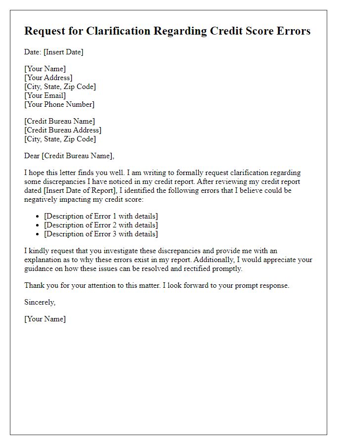 Letter template of clarification request regarding credit score errors