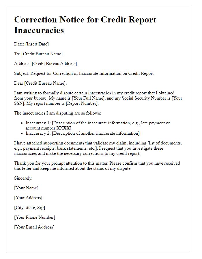 Letter template of correction notice for credit report inaccuracies