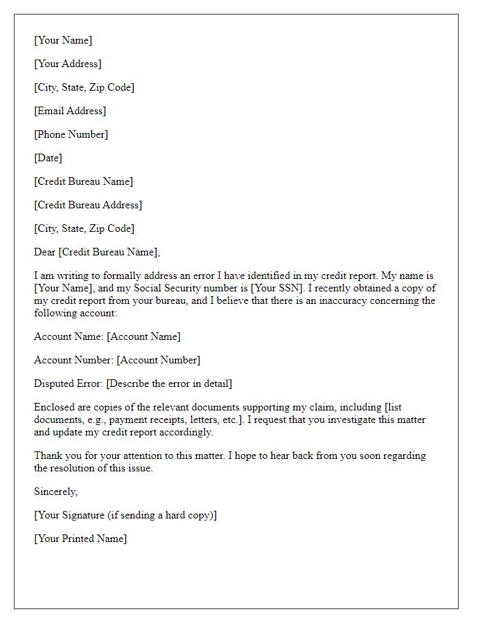 Letter template of documentation submission for credit score error