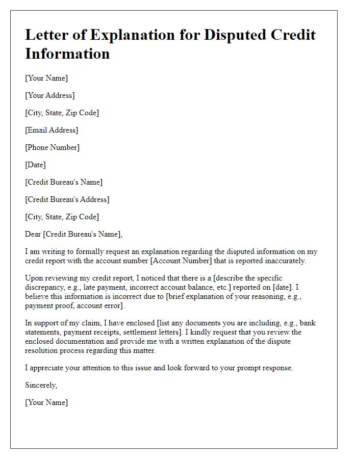 Letter template of explanation request for disputed credit information