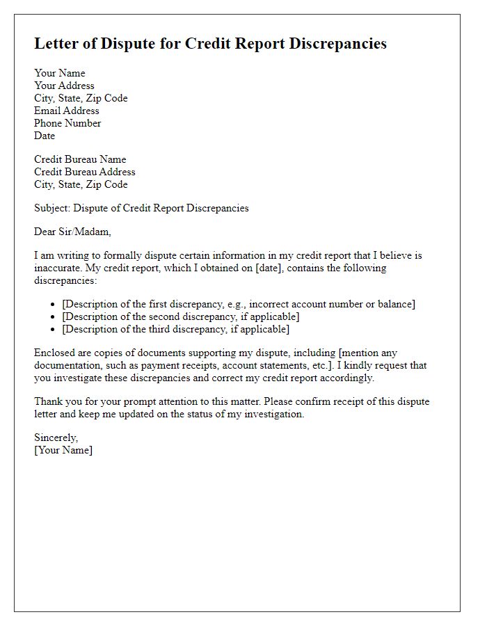 Letter template of formal dispute for credit report discrepancies