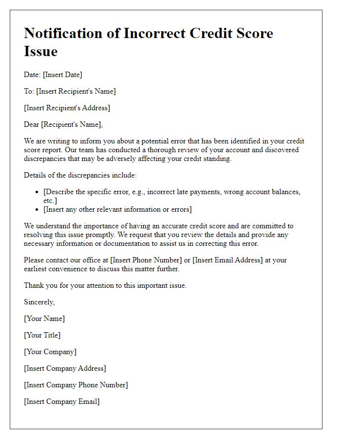 Letter template of notification for incorrect credit score issue