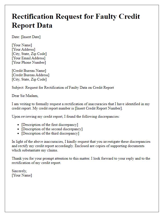 Letter template of rectification request for faulty credit report data