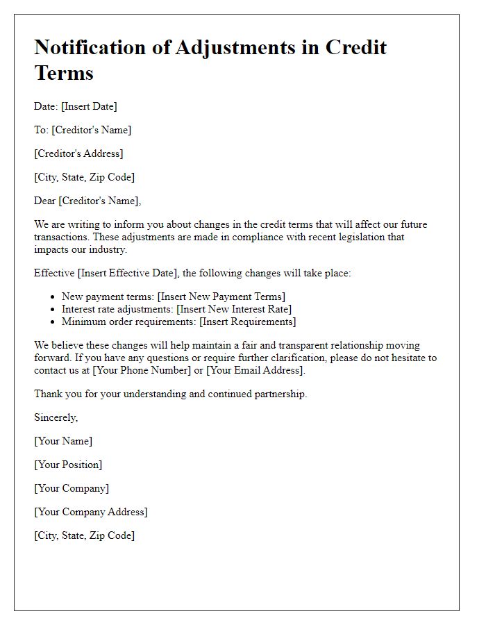 Letter template of creditor notification for adjustments in credit terms due to law changes.