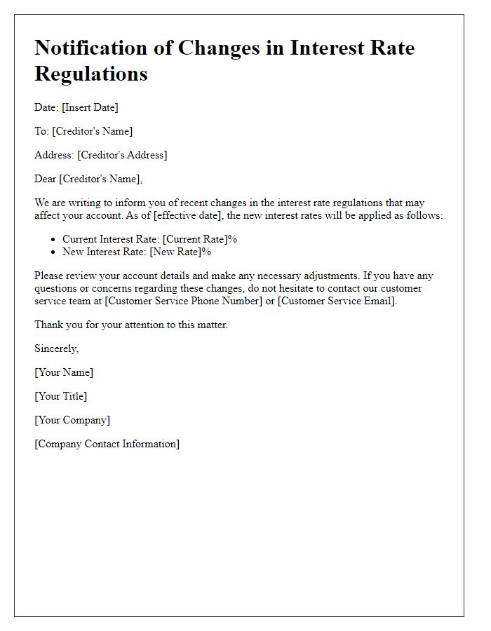 Letter template of creditor notification for changes in interest rate regulations.