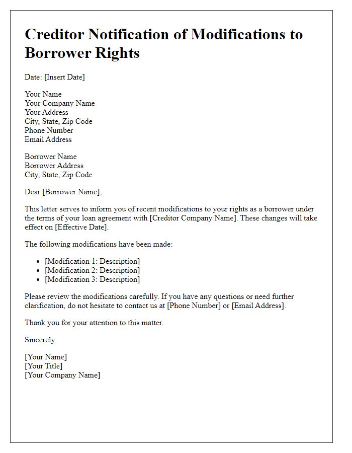 Letter template of creditor notification on modifications to borrower rights.