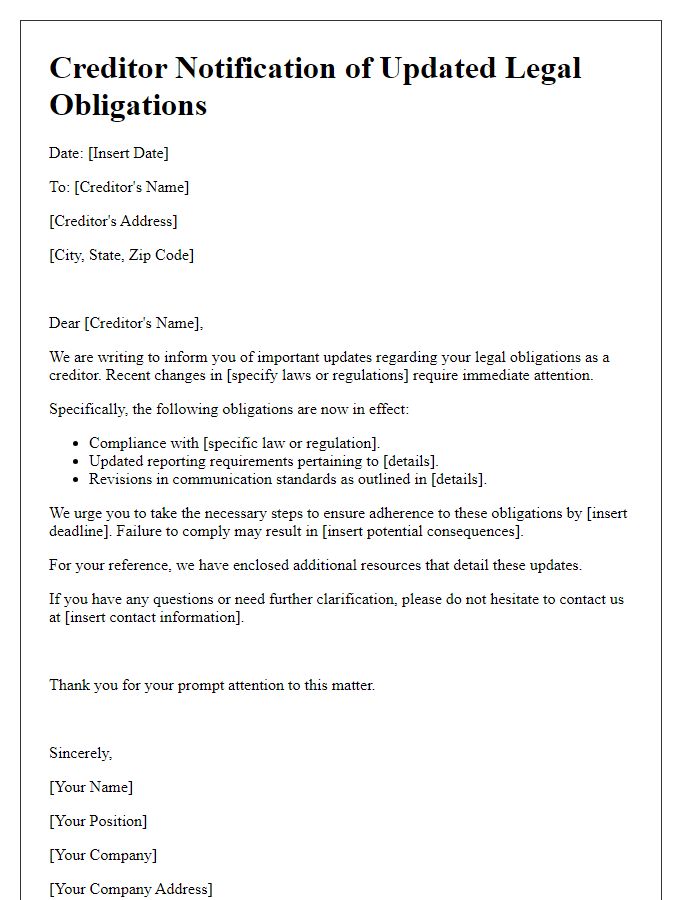 Letter template of creditor notification on updated legal obligations.