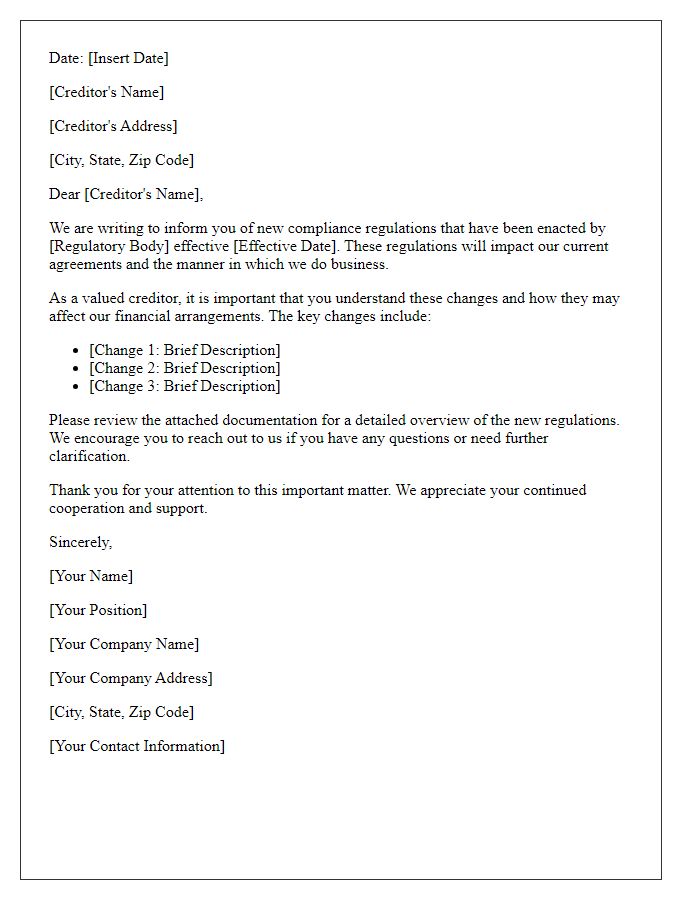 Letter template of creditor notification regarding new compliance regulations.