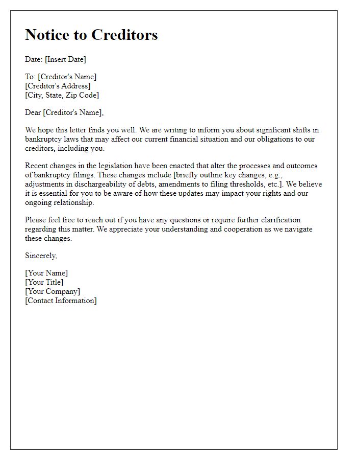 Letter template of creditor notification regarding shifts in bankruptcy laws.