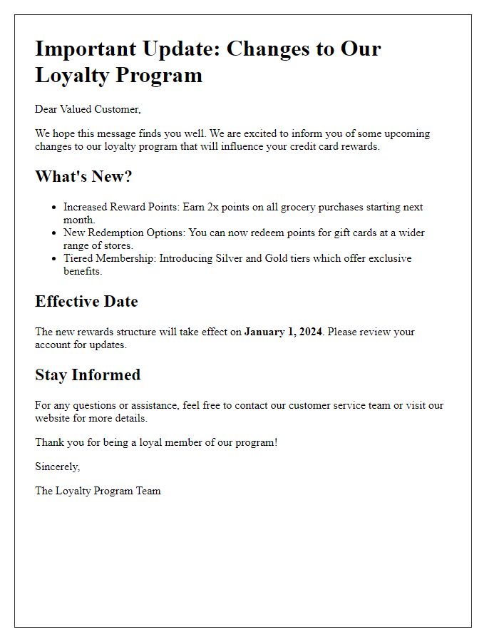 Letter template of loyalty program changes influencing credit card rewards.