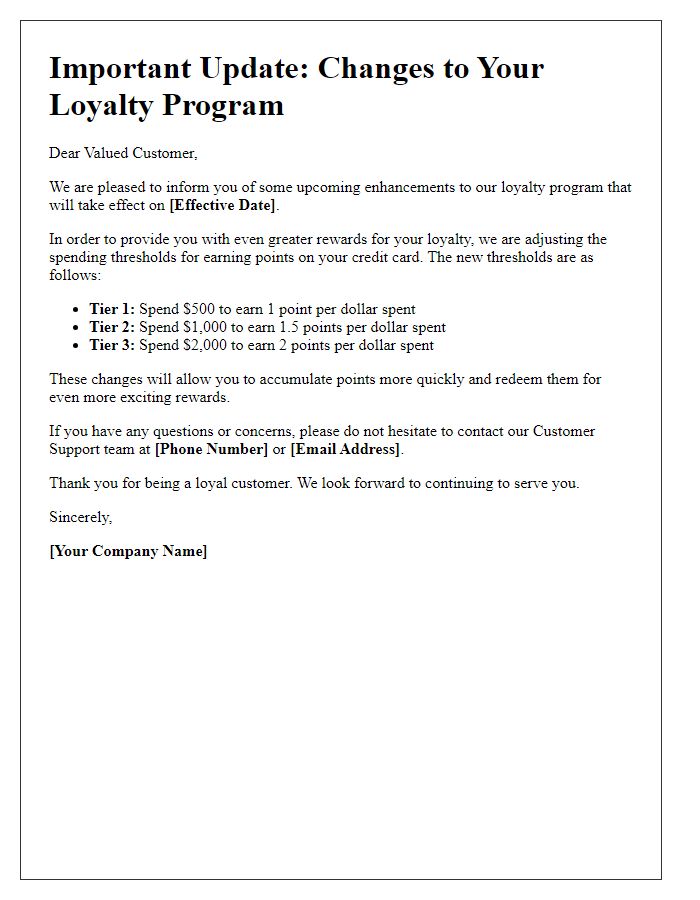 Letter template of loyalty program modifications on credit card spending thresholds.