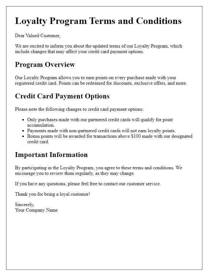 Letter template of loyalty program terms affecting credit card payment options.