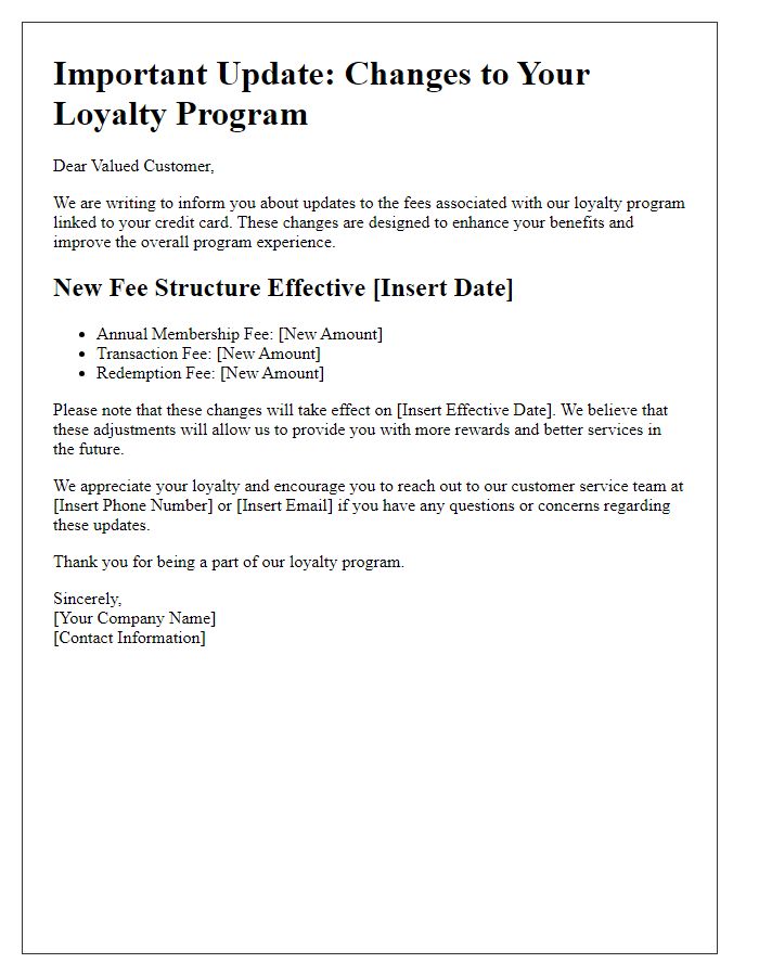 Letter template of loyalty program updates on credit card fees.