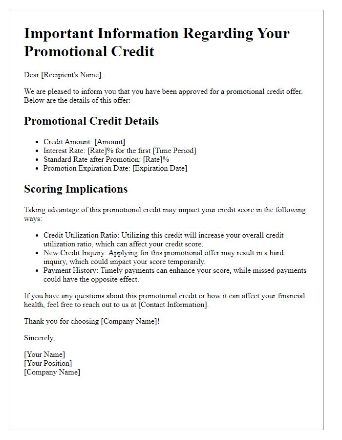 Letter template of details about promotional credit and scoring implications.