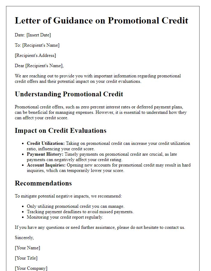 Letter template of guidance on promotional credit and its effect on credit evaluations.