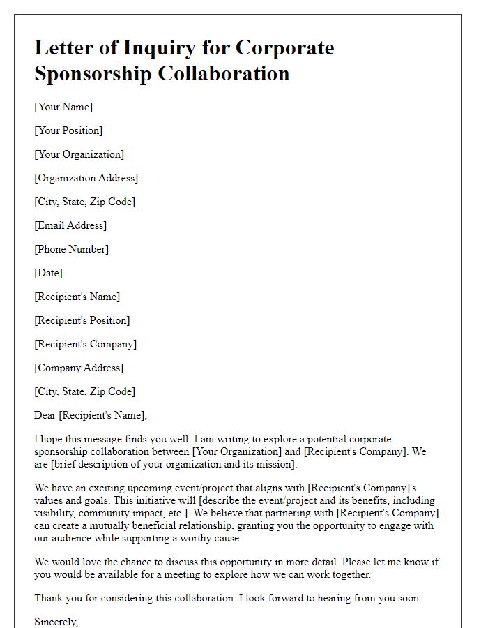 Letter template of inquiry for corporate sponsorship collaboration