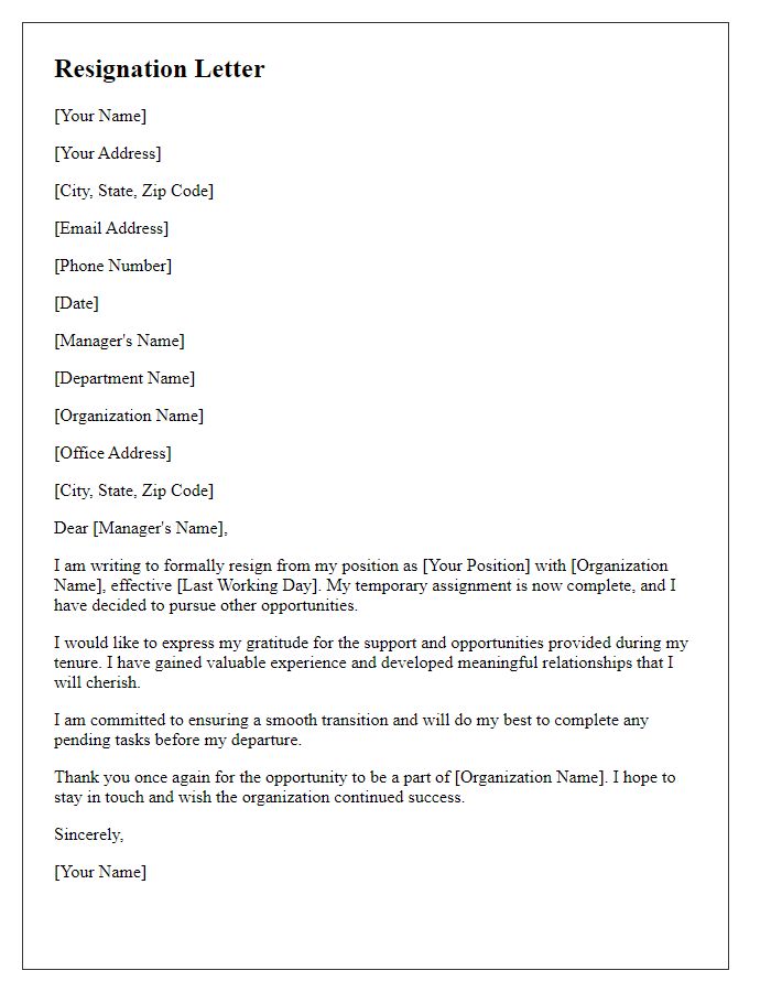 Letter template of resignation for a government employee after completing a temporary assignment.