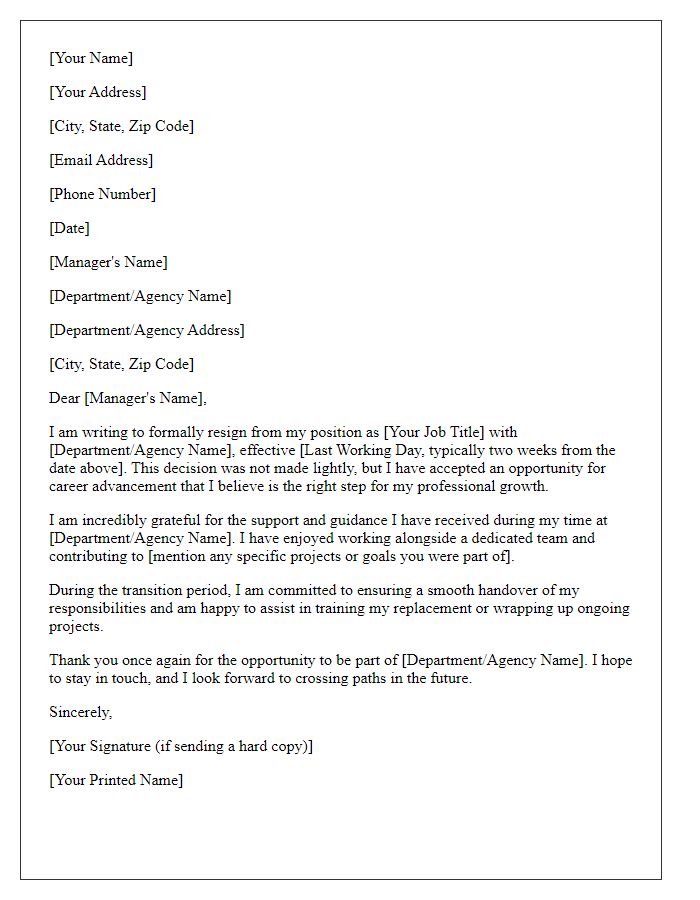 Letter template of resignation for a government employee for career advancement.