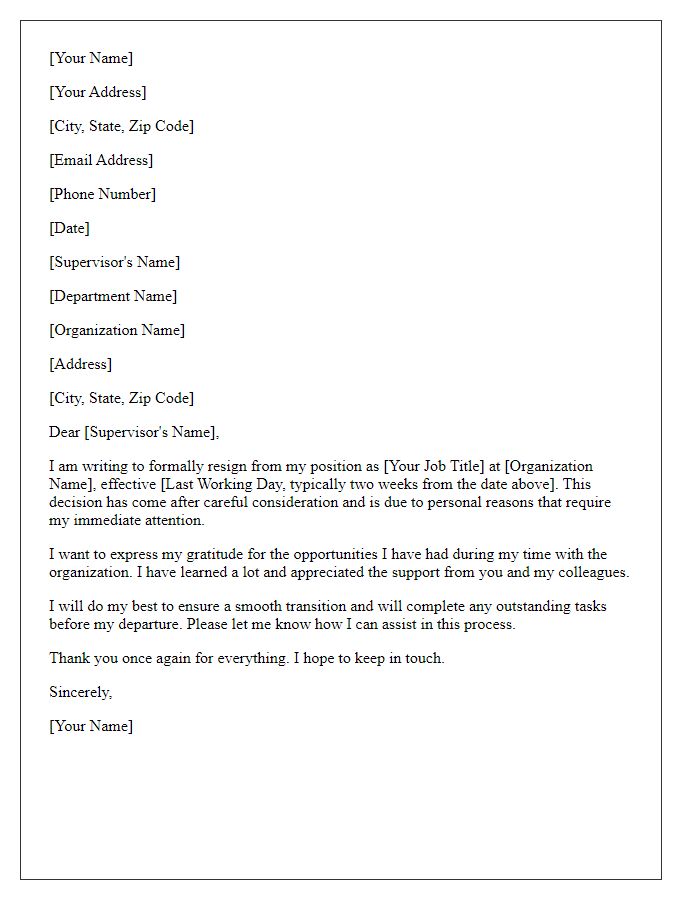 Letter template of resignation for a government employee due to personal reasons.