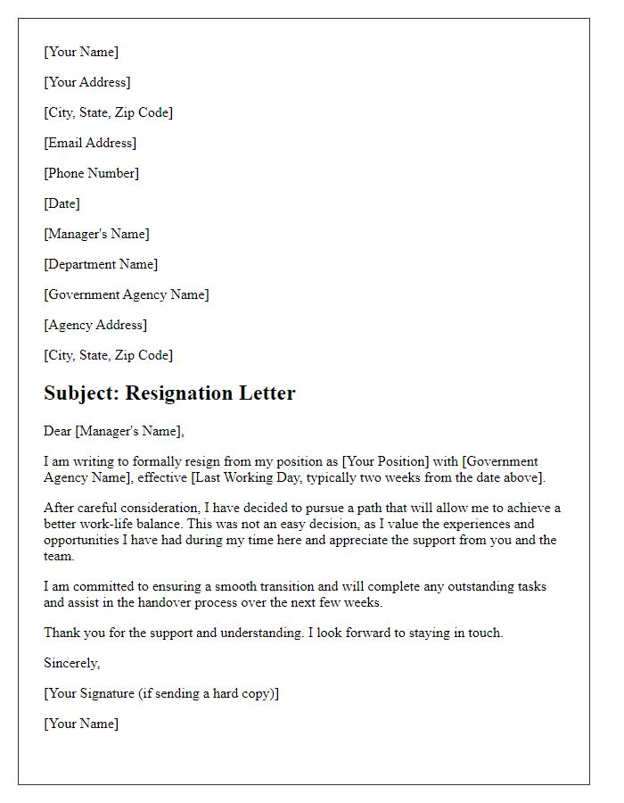 Letter template of resignation for a government employee seeking work-life balance.