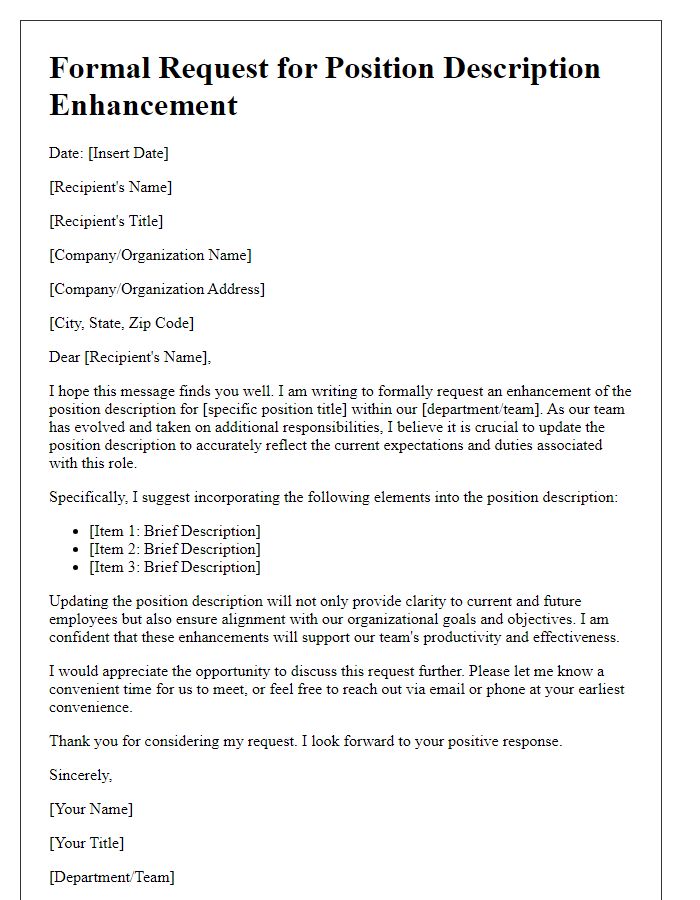 Letter template of formal request for position description enhancement.