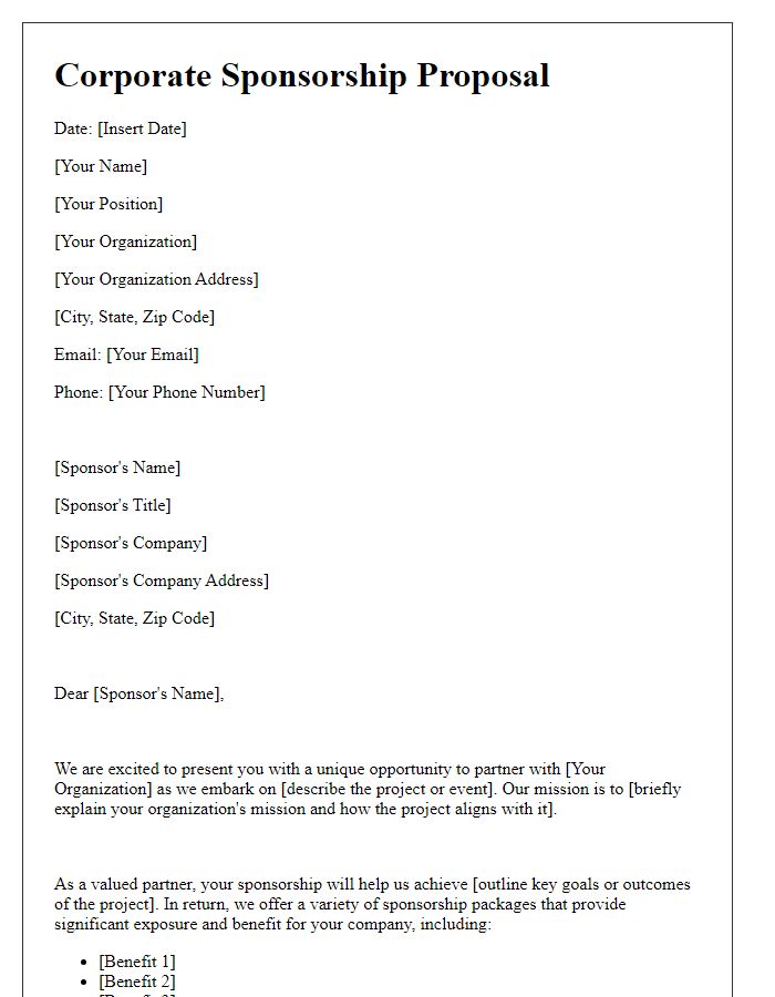 Letter template of corporate sponsorship package proposal