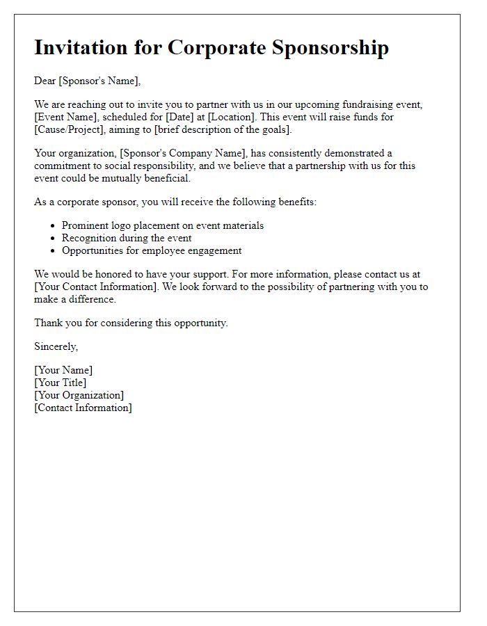 Letter template of invitation for corporate sponsorship in fundraising activities