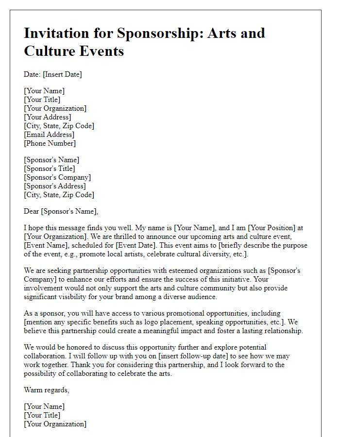 Letter template of pitch for sponsor involvement in arts and culture events