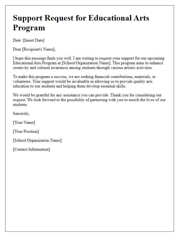 Letter template of educational arts program support request