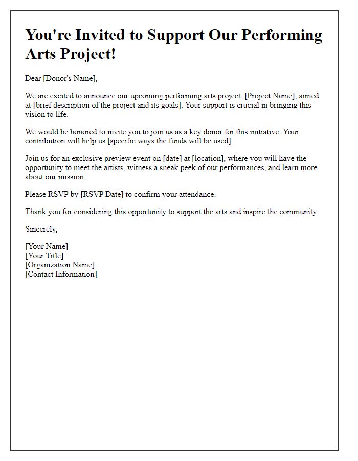 Letter template of performing arts project donor invitation