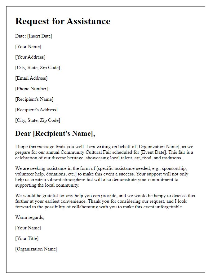 Letter template of assistance request for a community cultural fair.