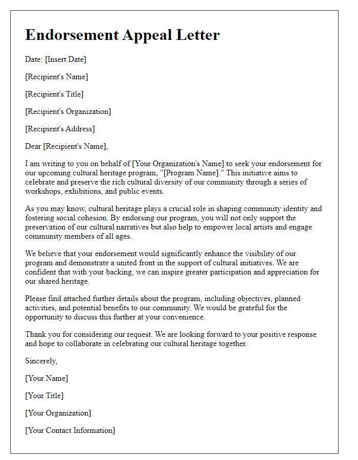 Letter template of endorsement appeal for a cultural heritage program.