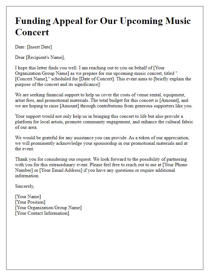 Letter template of funding appeal for a music concert.