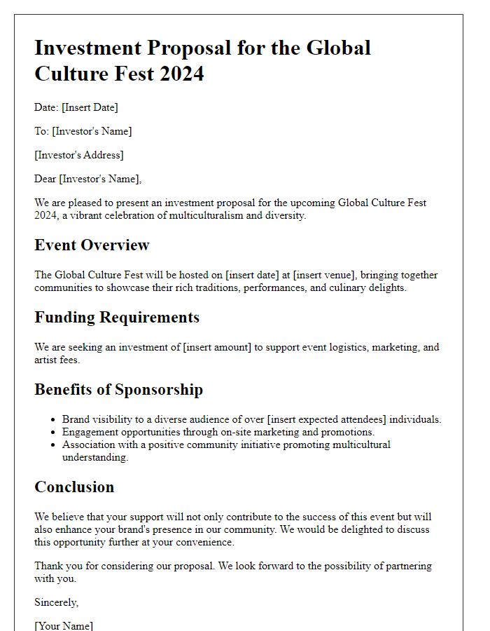 Letter template of investment proposal for a multicultural event.