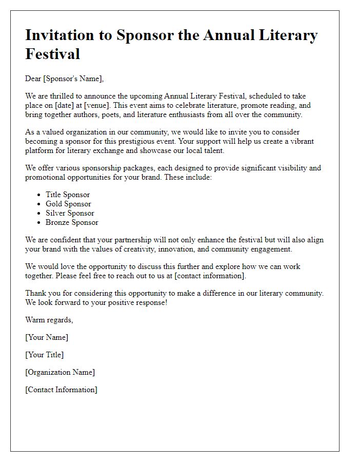 Letter template of invitation for sponsorship of a literary festival.