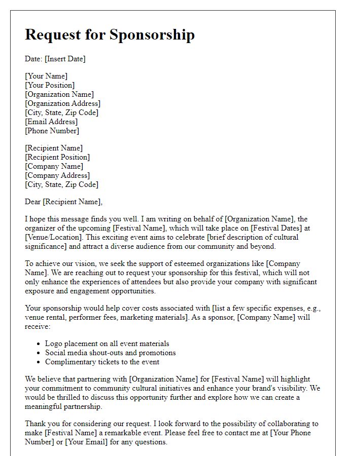 Letter template of sponsorship request for a cultural festival.