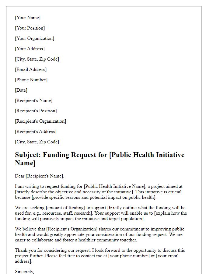 Letter template of funding request for a public health initiative.