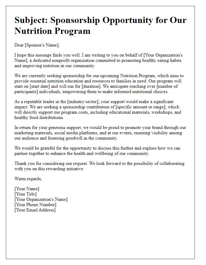 Letter template of sponsorship solicitation for a nutrition program.