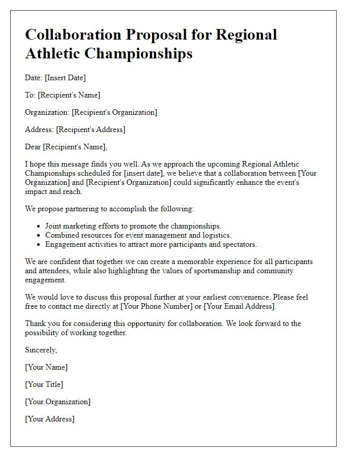 Letter template of collaboration proposal for regional athletic championships.