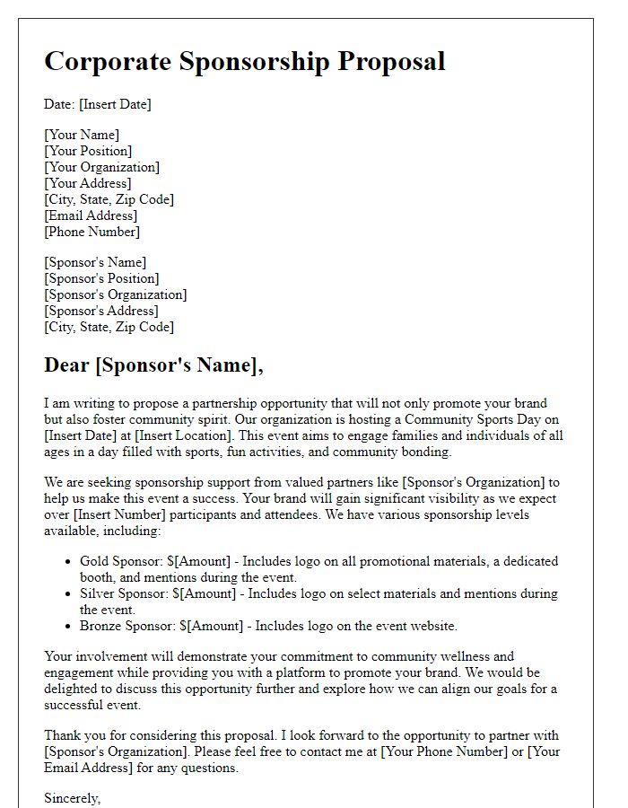 Letter template of corporate sponsorship proposal for community sports day.