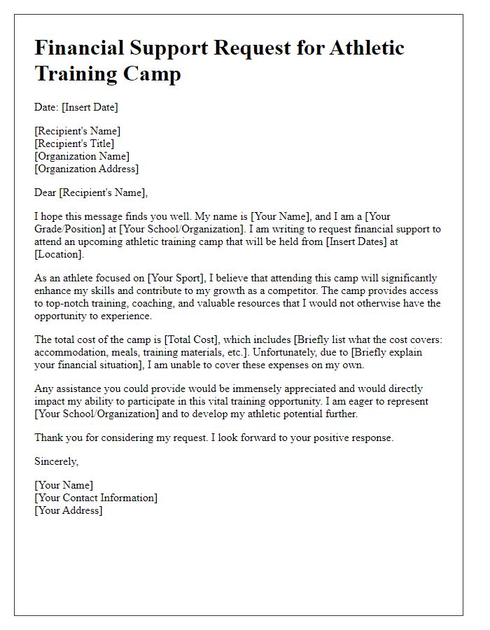 Letter template of financial support request for athletic training camp.