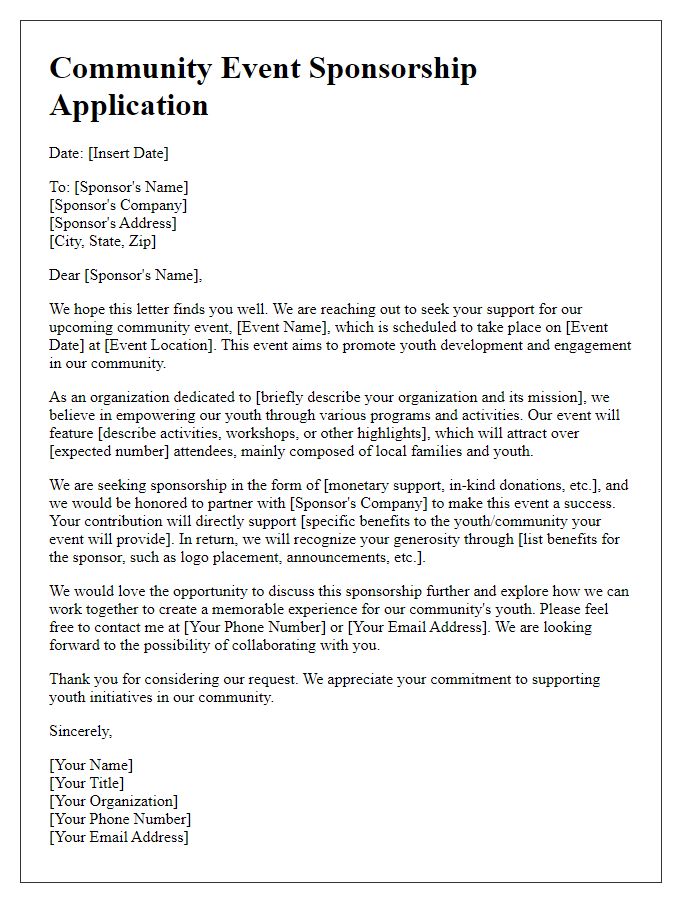 Letter template of community event sponsorship application for youth programs